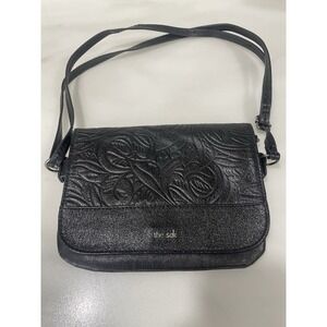 The Sak Embossed Shiny Leather Black Floral Shoulder Bag Flap NEW Western Whimsy